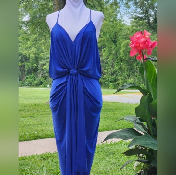 Misa Los Angeles Domino Midi Dress Twist Knot Slinky Ruched Sapphire Celeb Style - Picture 1 of 16